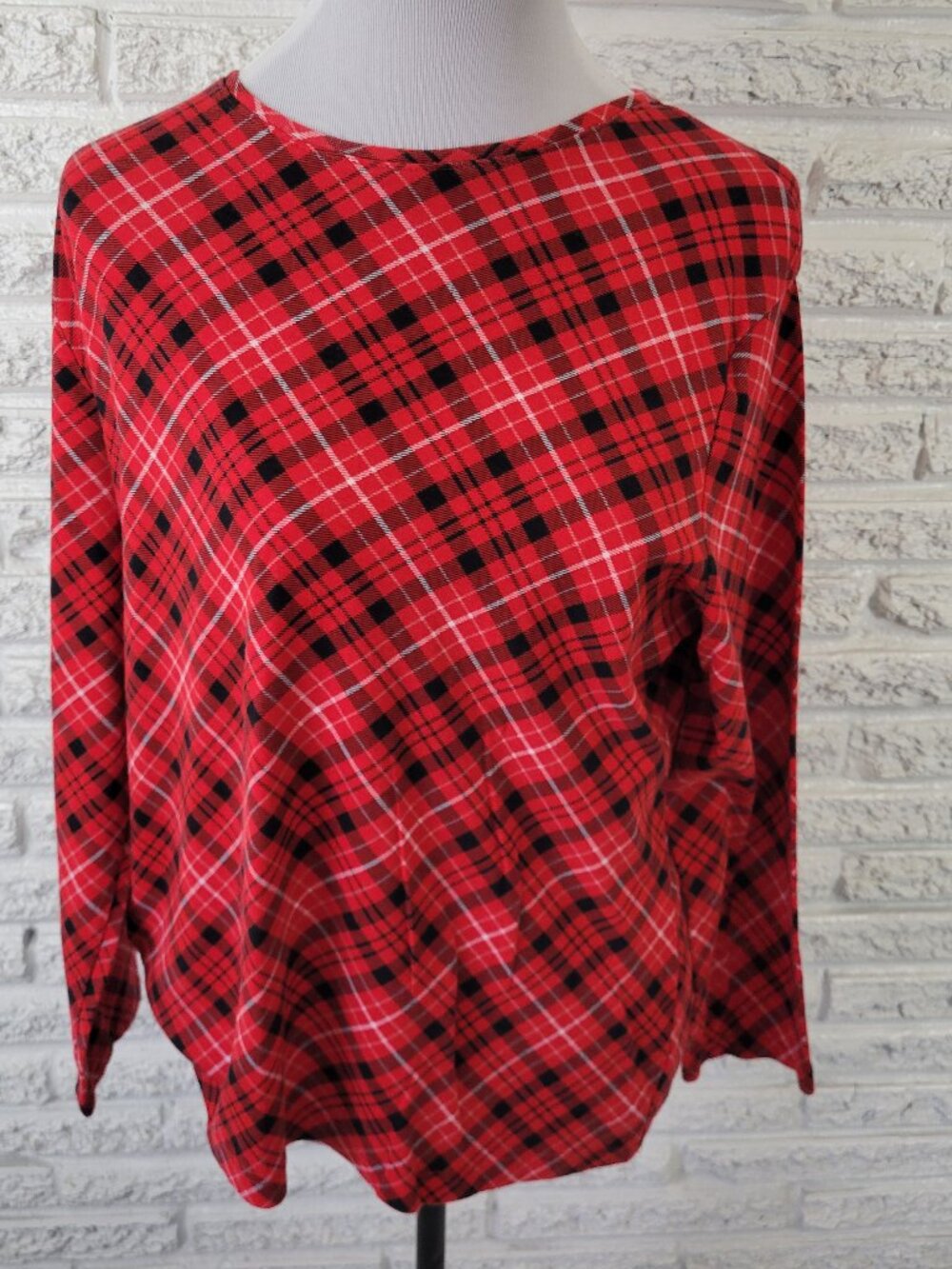 Croft & Barrow Women XXL Tee Red Black Plaid 100% Cotton Long Sleeve PLA10E